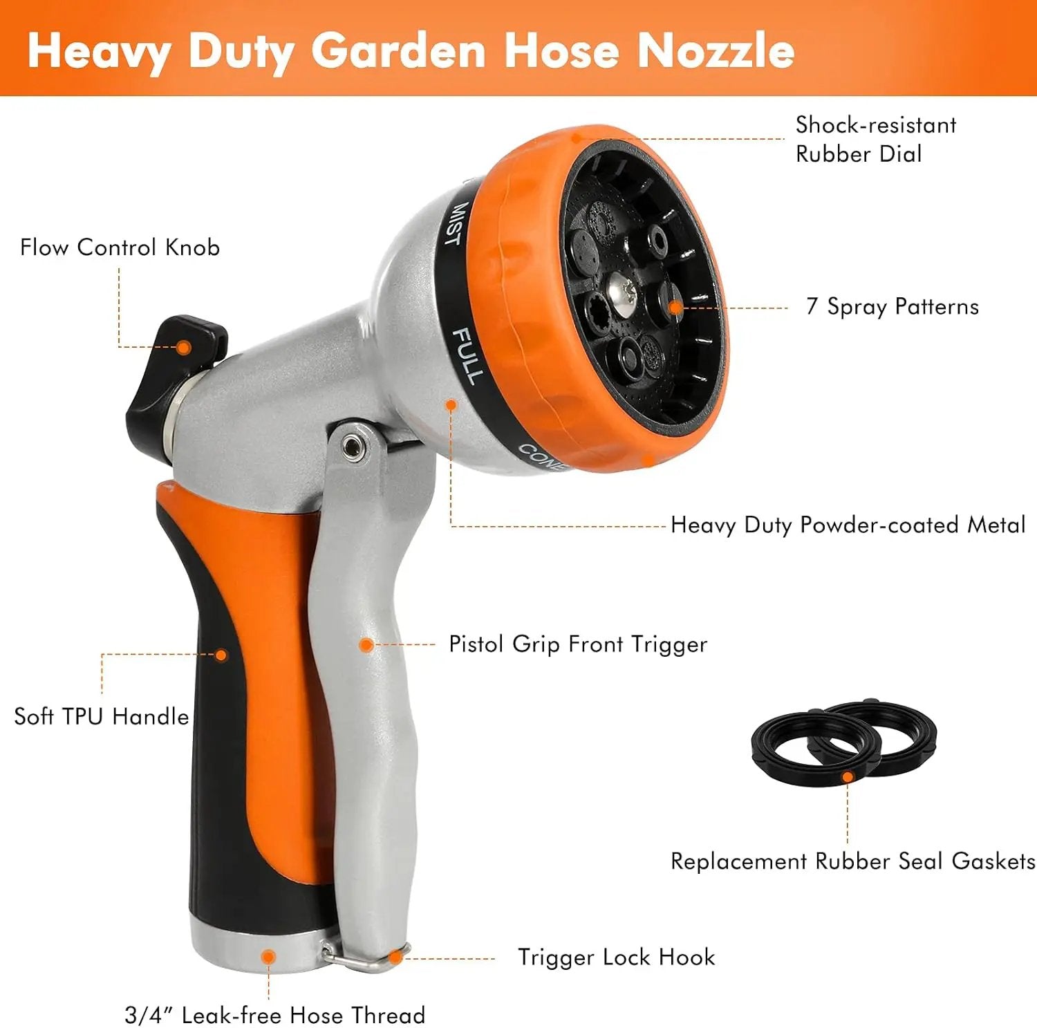 RESTMO Garden Hose Nozzle, Heavy Duty Metal Water Hose Nozzle with 7 Adjustable Spray Patterns, High Pressure Hand Sprayer with Flow Control, Best for Watering Plant & Lawn, Washing Car & Pet, Orange by GreenHaven Gardens