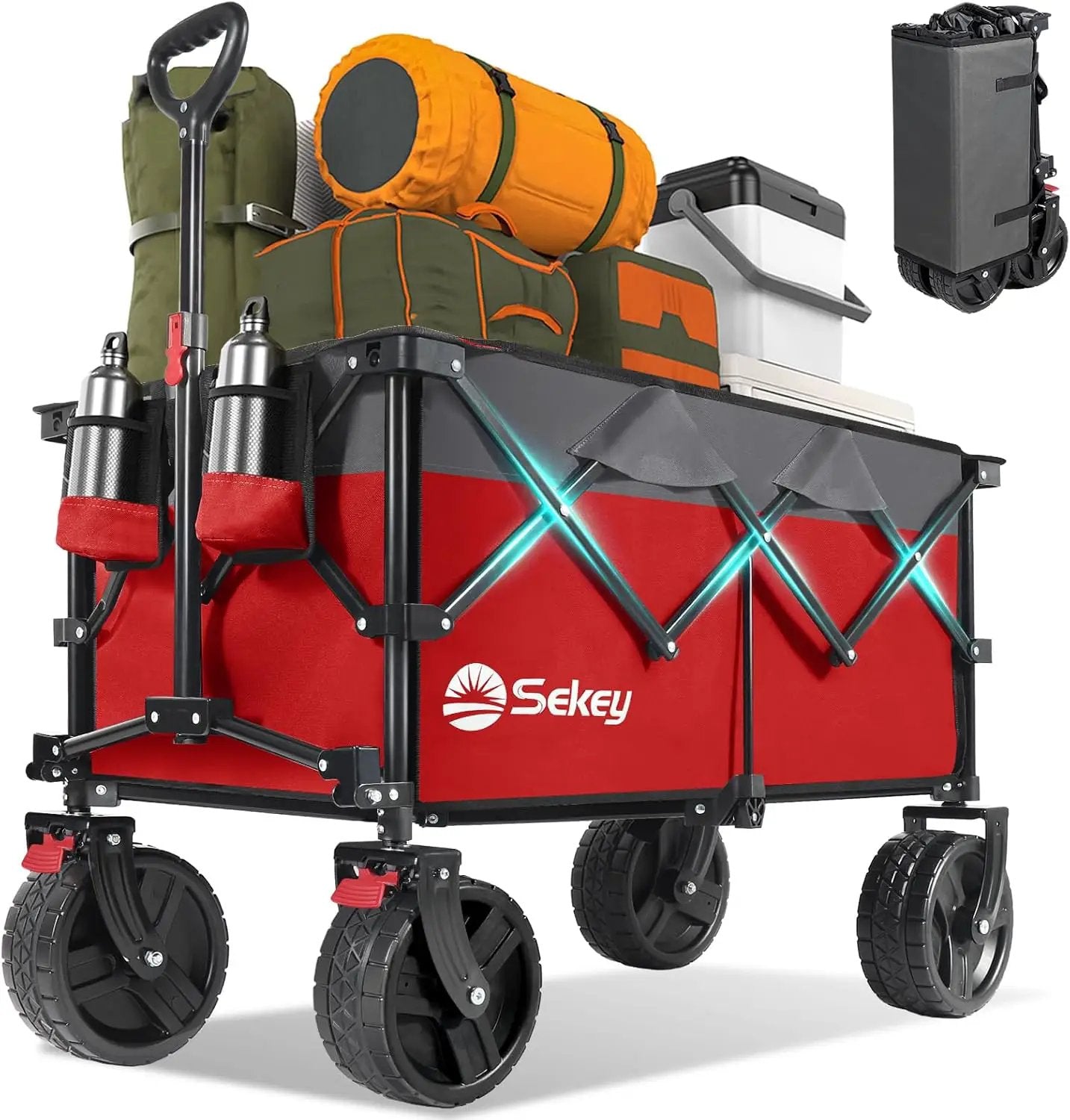 Sekey 220L Collapsible Foldable Wagon with 330lbs Weight Capacity, Heavy Duty Folding Utility Garden Cart with Big All-Terrain Beach Wheels & Drink Holders.Red&Grey by GreenHaven Gardens