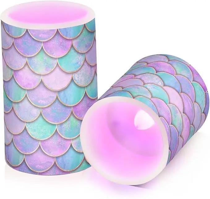 Vdsrup Flameless Candles Set of 2 Purple Teal LED Candles with Timer Battery Operated Mermaid Scale Candle Lights Flickering with Remote for Home Bedroom Decor by GreenHaven Gardens