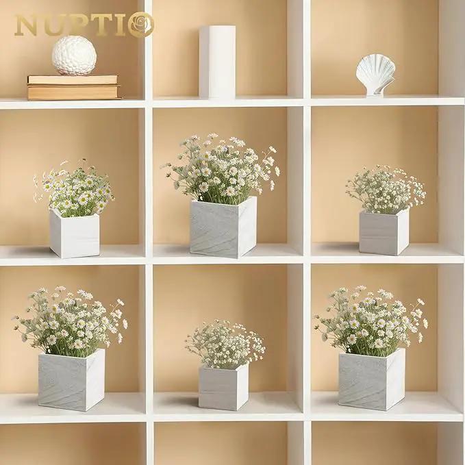 NUPTIO Wooden Box for Centerpiece Wedding: 6 Pcs Rustic Square Planter Box FarmhouseTable Fall Decor - 4×4" & 5×5" Whitewashed Small Wood Vases Flower Pots for Windowsill Home Garden by GreenHaven Gardens