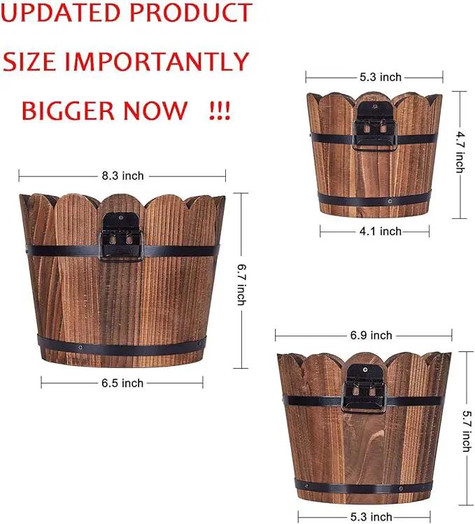 Wooden Bucket Barrel Planters, Small Flower Pot with Drainage Holes for Indoor Plants Home Décor, Set of 3 by GreenHaven Gardens