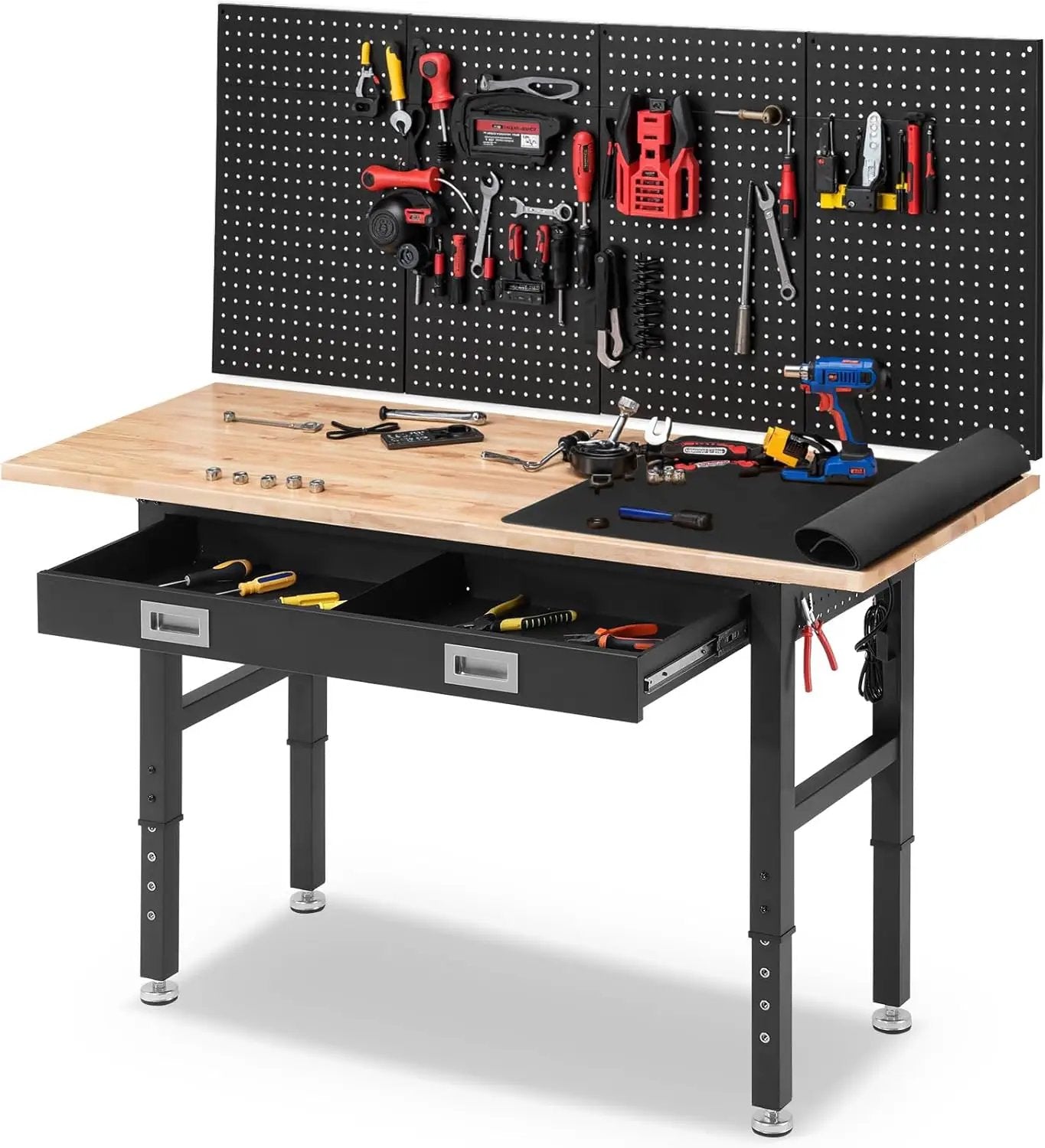Work Bench for Garage with Drawers 60 x 22 Inch Heavy Duty Rubberwood Tabletop Work Table with Pegboard, Power Outlets Adjustable Workbench for Woodworking Shop, Home, Office, Electronic by GreenHaven Gardens