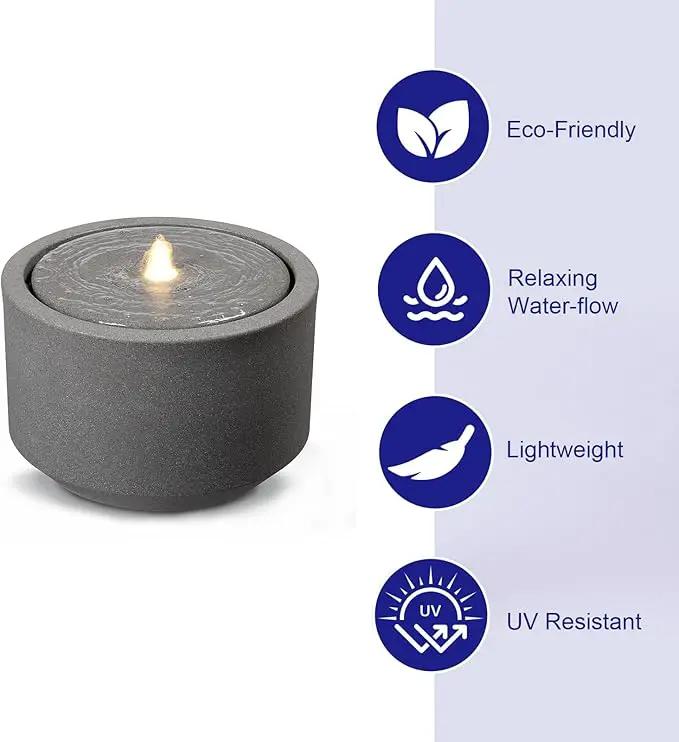 10.23” H Outdoor Water Fountain Made with Eco-Friendly Recyclable Materials, Polyethylene Round Bubbler Outdoor Fountain, Garden Decor with LED Light for Patio, Porch, Backyard by GreenHaven Gardens