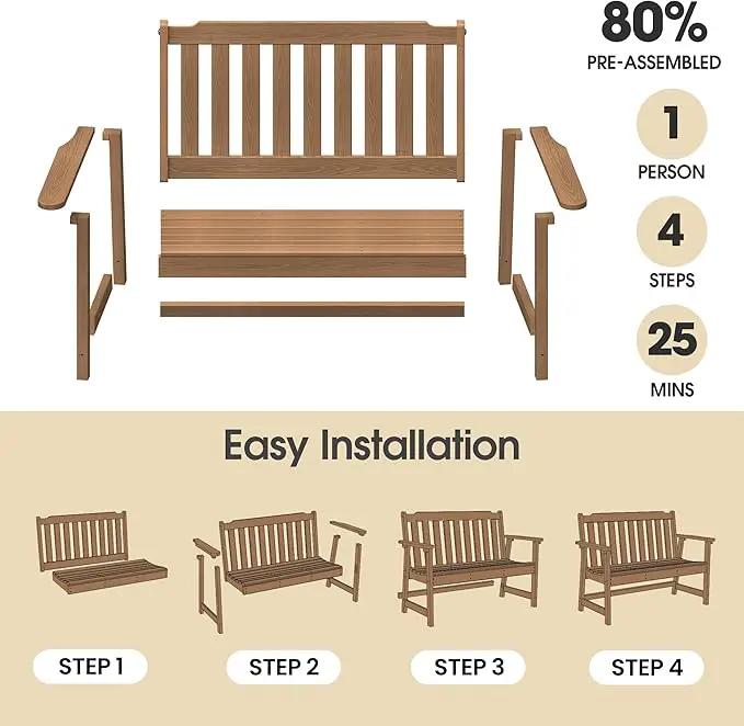 Ciokea 46" Heavy Duty Outdoor Bench, HDPE Weatherproof Garden Benches, Durable 2-Person Benches with 660 Lbs, Waterproof Patio Porch Bench for Outside Balcony Deck Backyard, Teak by GreenHaven Gardens