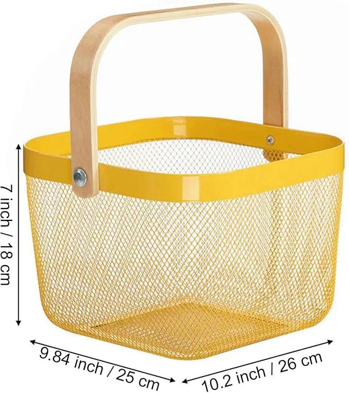 Metal Mesh Steel Basket, Storage Organizer Basket Multi-functional Hanging Kitchen Baskets Fruit Baskets with Wooden Handle for Kitchen Bathroom Picnic Shopping Decor Cabinet Home, Yellow by GreenHaven Gardens