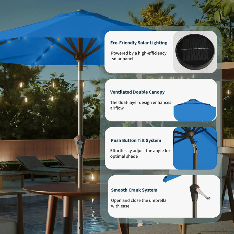 10FT Solar Umbrella 32 LED Lighted Patio Umbrella Table Market Umbrella w/Tilt and Crank, UV-Resistant Outdoor Umbrella for Pool, Garden, Deck, Royal Blue by GreenHaven Gardens