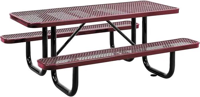 Global Industrial 6’L Rectangular Picnic Table, Expanded Metal, Red Thermoplastic Coating, Attached Benches, 1-1/2” Umbrella Pole Hole, Outdoor-Rated, 1000 lb Capacity, 72” x 30” Tabletop by GreenHaven Gardens