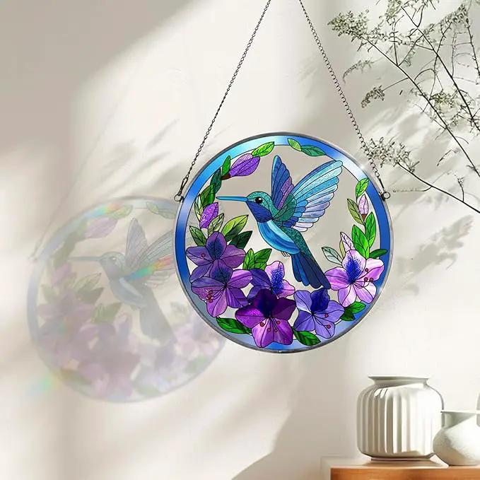 Stained Glass Sun Cather for Window Hanging, 6.3'' Hummingbird Window Ornament for Indoor Outdoor, Hand Painted Stain Glass Gift for Women, Bird Nature Lovers by GreenHaven Gardens
