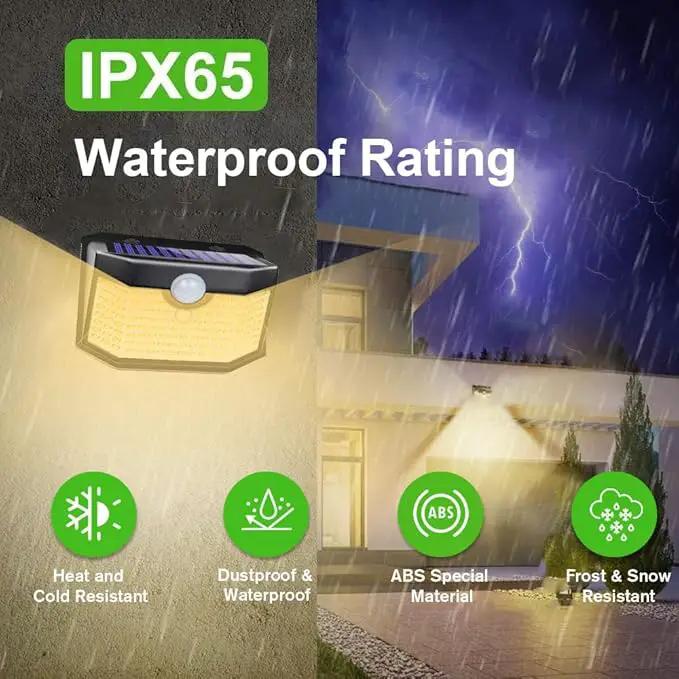 HMCITY 120 LED Outdoor Solar Lights- with Motion Sensor and 3 Lighting Modes, IP65 Waterproof Wide Solar Wall Lights Ideal for Garden Patio Yard (Front Button 4Packs, Warm White) by GreenHaven Gardens