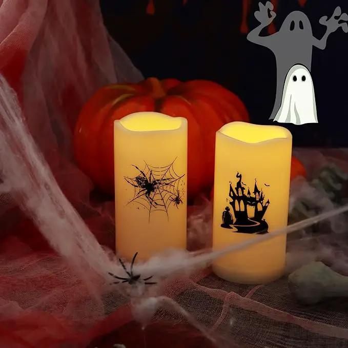 Halloween Outdoor Battery Operated Flameless Pillar Candles with Auto Daily Timer Waterproof Realistic Flickering Electric LED Lights with Spider Castle Decals Halloween Decorations 2 Pack 3X6” by GreenHaven Gardens