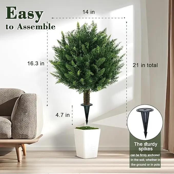 21" Artificial Cypress Topiary Outdoor Plants with Spike, 4 Pack Faux Cedar Bushes UV Resistant Fake Shrubs for Front Porch Décor by GreenHaven Gardens