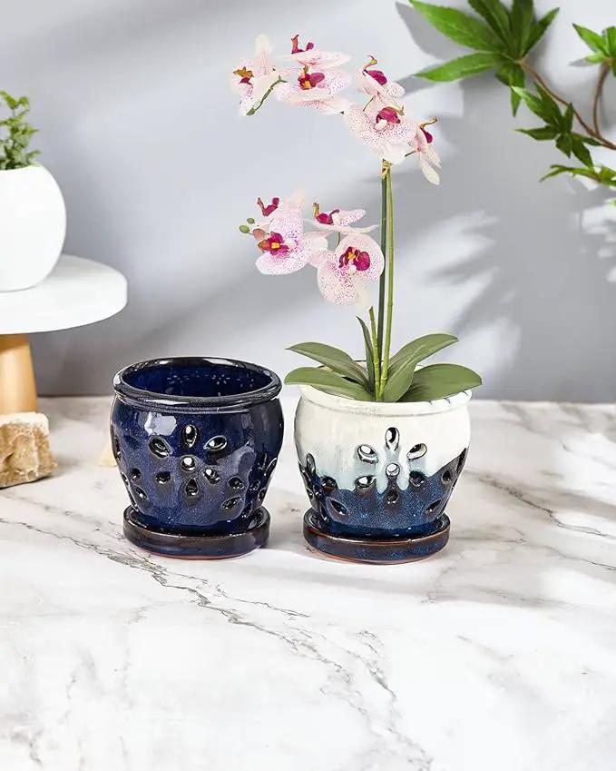 vensovo 4 Inch Ceramic Orchid Pots with Holes and Saucers - 2 Pcs Small Succulent Pot for Repotting, Garden Flowerpots for Plants Indoor and Outdoor Promotes Air Circulation (Blue, Blue Mixed) by GreenHaven Gardens