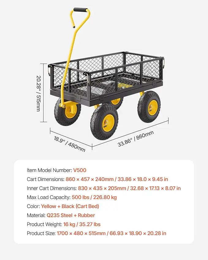 VEVOR 500 Lbs Steel Garden Cart, Heavy Duty Garden Wagon Cart Pullable on Wheels, Metal Yard Utility Wagon Carts with 10" All Terrain Tires, Mesh Removable Sides and 180°Rotating Handle by GreenHaven Gardens