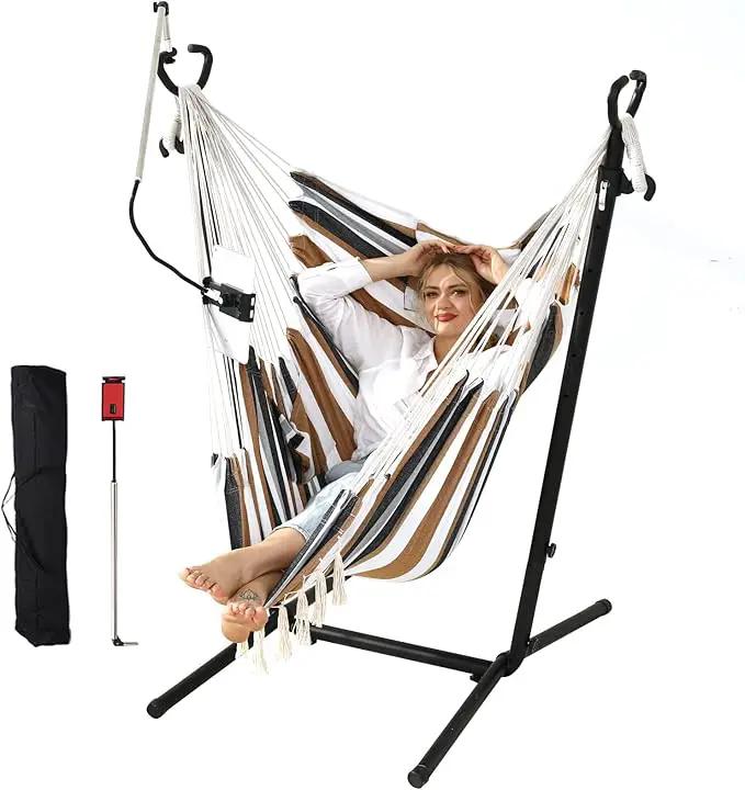 ZEYU Hammock Chair with Stand Double Hammock Chair Bohemian Style with Tassel Mobile Phone Support Manual Adjustable Swing Indoor and Outdoor Garden Porch with Floor mat Reclining Capacity 400 pounds by GreenHaven Gardens