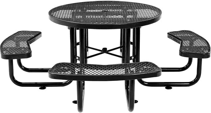 Global Industrial 46" Round Picnic Table, Expanded Metal, Black Thermoplastic Coating, Attached Benches, 1-1/2” Umbrella Pole Hole, Outdoor-Rated, 1000 lb Capacity by GreenHaven Gardens