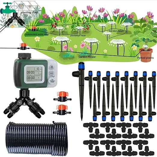 64FT Drip Irrigation Kit with Garden Timer Plant Watering System with Tubing Gushing Nozzles and Water Timer, Quick Connector Kits Easy to Assemble by GreenHaven Gardens