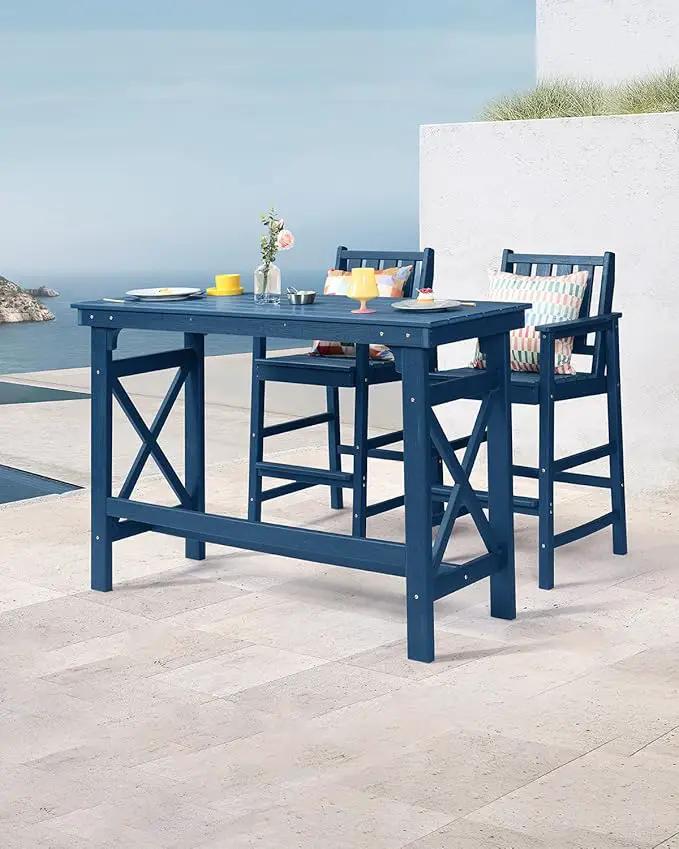3 Pieces HDPE Outdoor Patio Bar Set, Rectangular Outdoor Bar Height Table and Chairs Set, Adirondack Patio Bar Stools Set, Outdoor Bar Table and Chairs Set for Balcony, Poolside, Porch, Navy by GreenHaven Gardens
