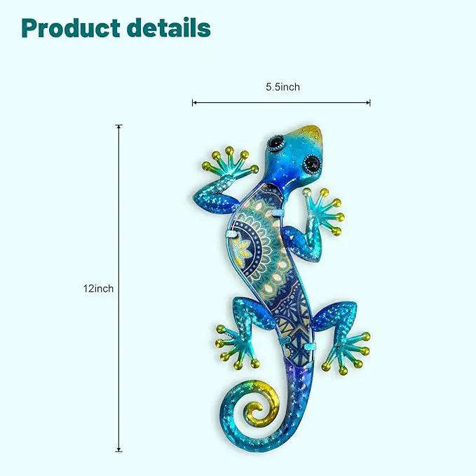 HONGLAND Metal Gecko Wall Art 2Pcs Outdoor Wall Decor Lizard Metal Hanging Wall Decoration Glass Sculpture for Garden Yard Patio Fence Home (Blue) by GreenHaven Gardens