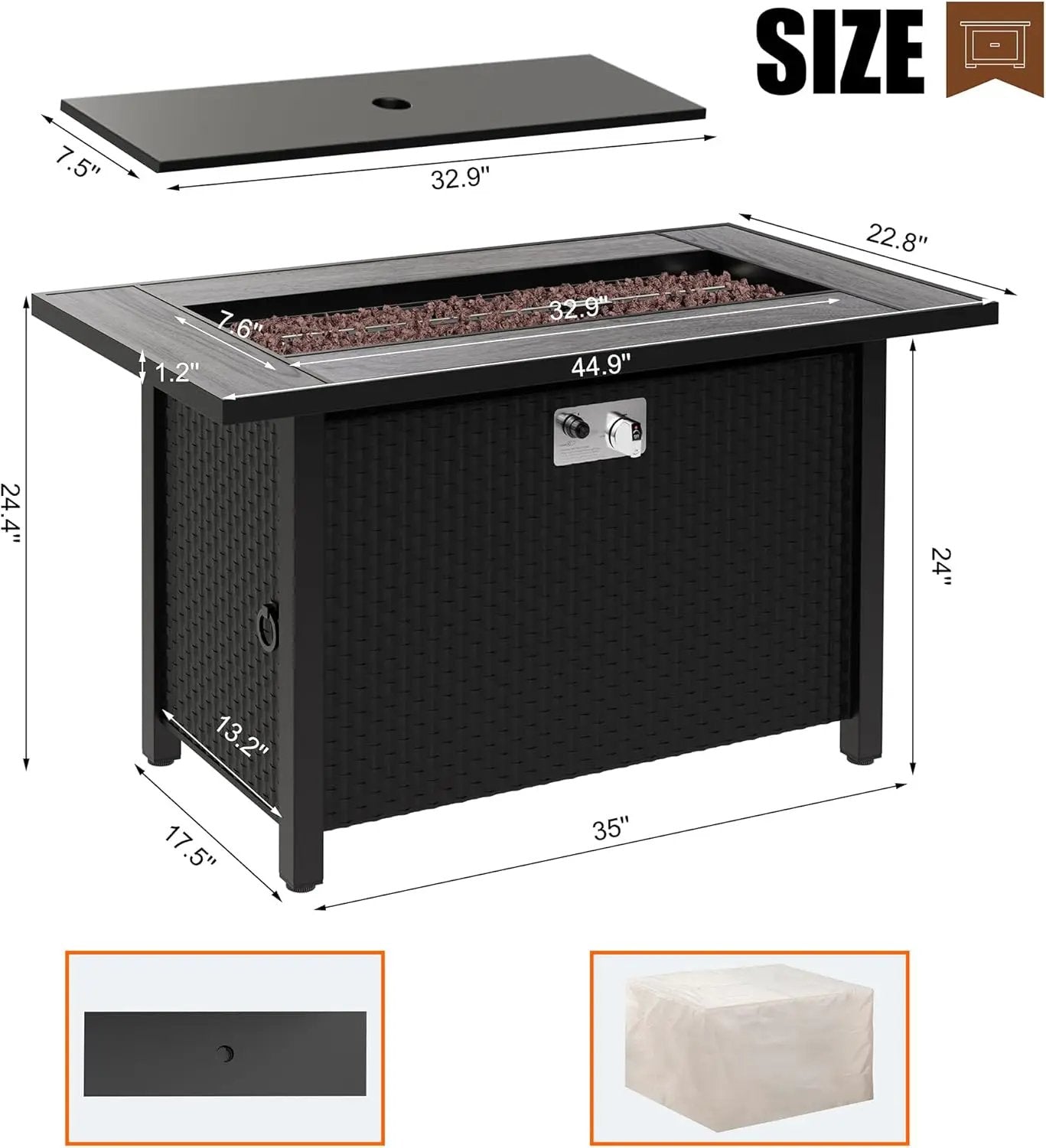 Walsunny 45 inch Outdoor Propane Fire Pit 50,000 BTU Gas Fire Pit Table with Lid, Lava Rock, Waterproof Cover, Rectangle Gas Firepit Table for Garden/Patio, CSA Certification by GreenHaven Gardens