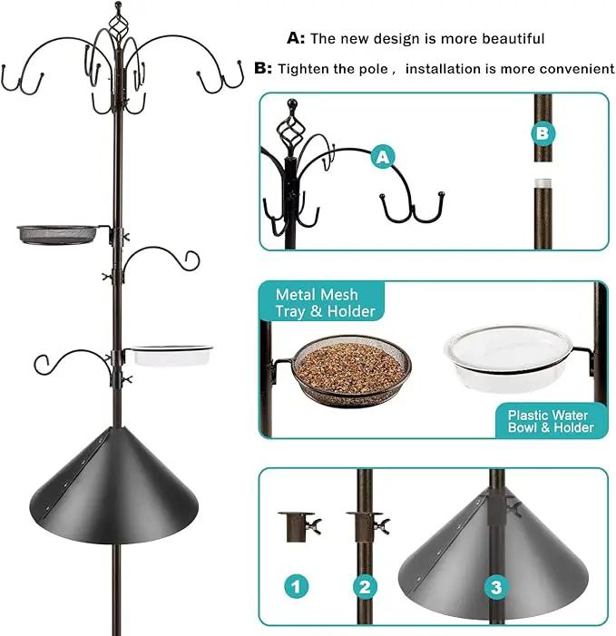 Bird Feeding Station Kit Bird Feeder Pole Wild Bird Feeder Kit with Squirrel Baffle and Suet Cage Mesh Tray Fruit Hook Double W Hook for Attracting Wild Birds by GreenHaven Gardens