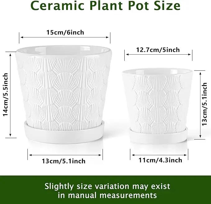 EFISPSS Ceramic Plant Pots, 5+6 Inch Pots for Indoor Plants, Planters with Drainage Holes and Tray, Modern Flower Pots Gardening Home Desktop Office Windowsill Decoration Gift Set of 2 - White by GreenHaven Gardens
