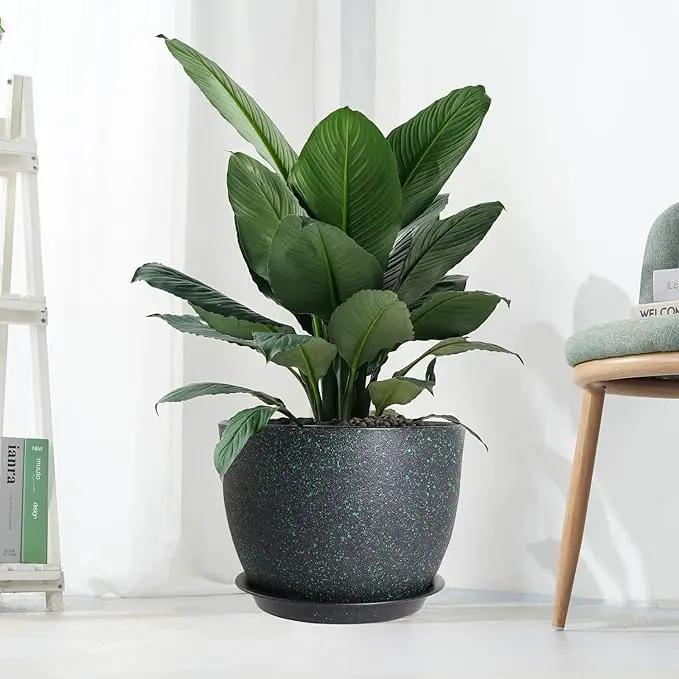 12/10/9 Large Modern Plant Pots, Plastic Planters with Drainage Holes and Saucers for Indoor Outdoor Plants Flowers, Black with Green Speckles by GreenHaven Gardens
