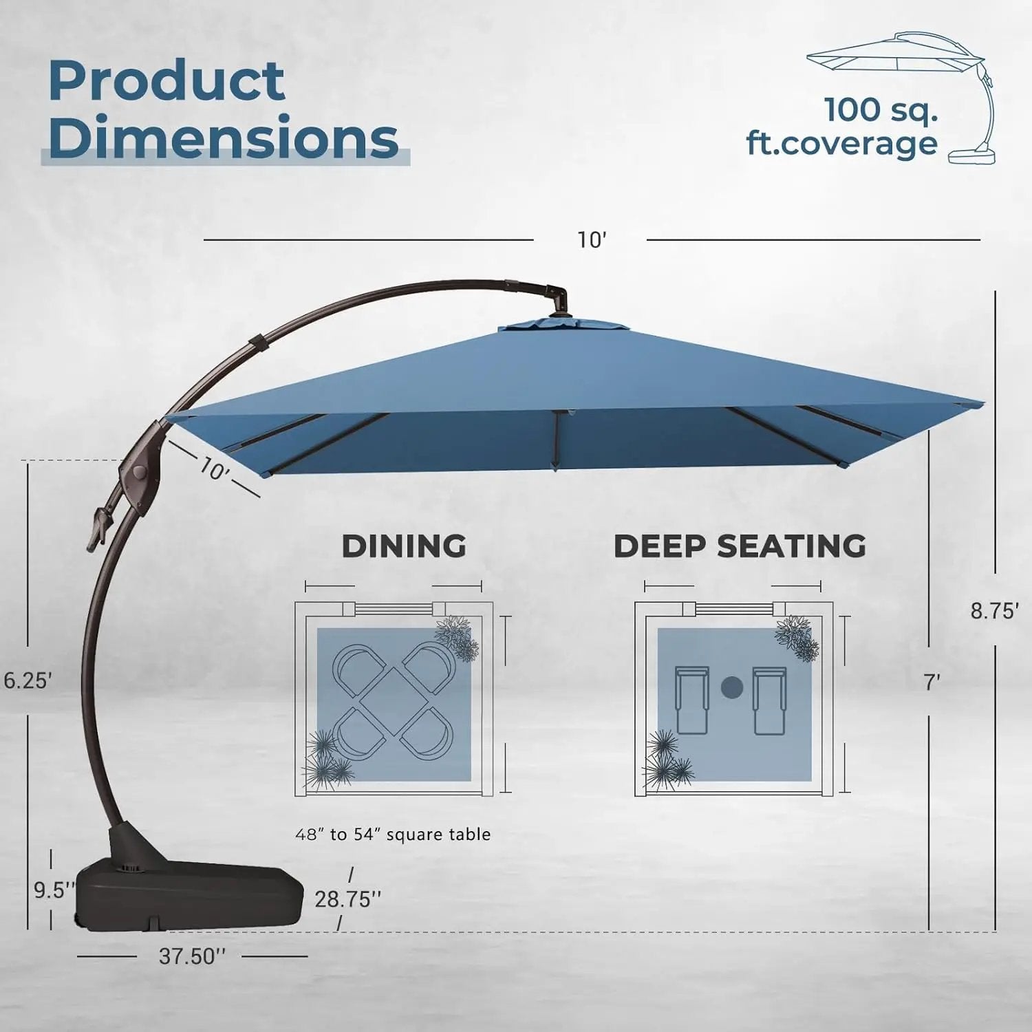 Grand patio Sunbrella 10x10 FT Cantilever Umbrella with Base Included Patio Square Aluminum Offset Umbrellas for Outdoor Pool (Sapphire Blue, 10X10 FT-SUNBRELLA) by GreenHaven Gardens