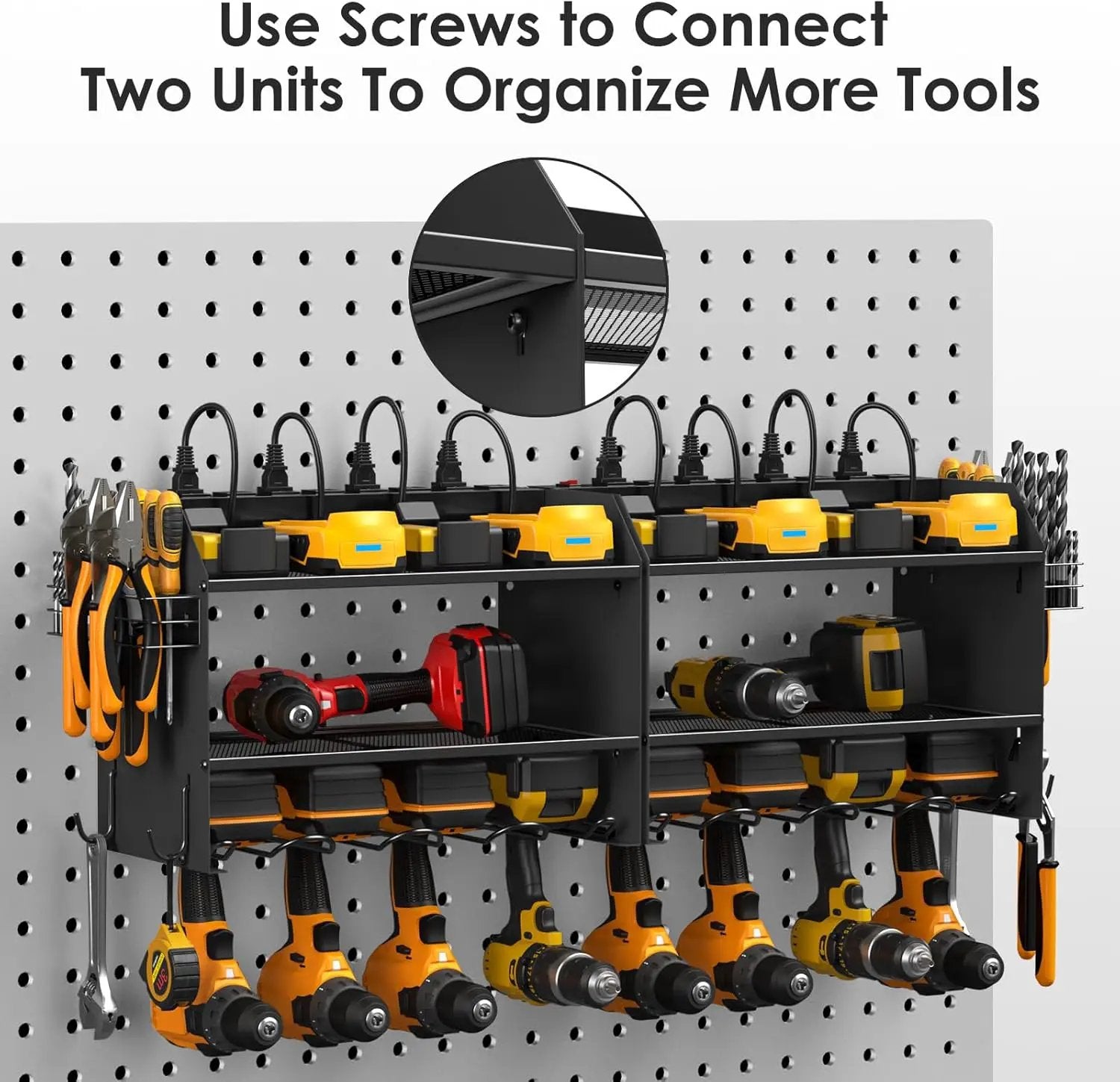 CCCEI Modular Power Tool Organizer Wall Mount Charging Station, Black 6 Drills Holder with 8 Plug Power Strip 10FT, Garage Drill Battery Heavy Duty Metal Shelf, Utility Rack with Hooks, Side Storage. by GreenHaven Gardens