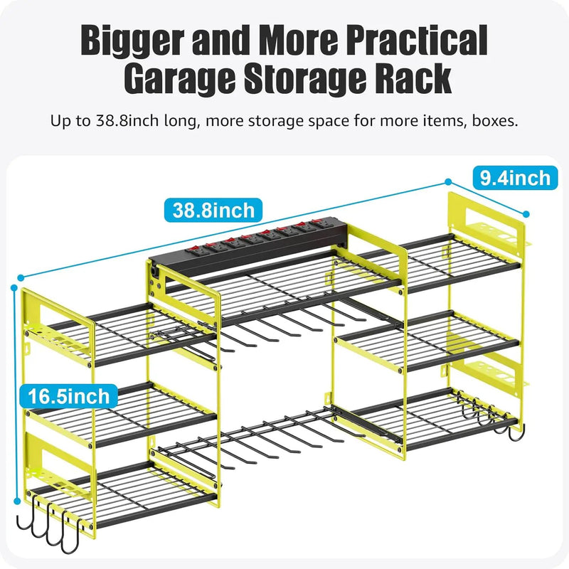 CCCEI Green Power Tool Organizer Wall Mount, Large Tools and Battery Storage Rack Charging Station Individual Switches. Drills Holder, Garage Utility Shelves with 6FT Power Strip. Gift for Men. by GreenHaven Gardens
