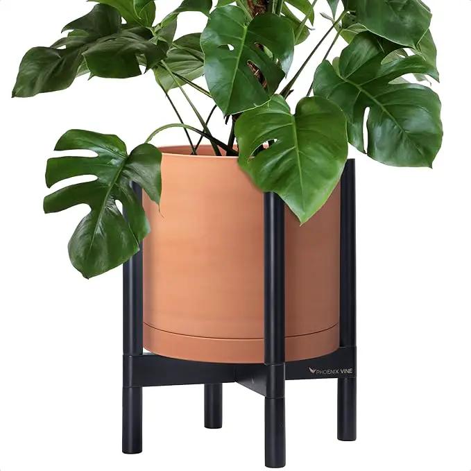 D'vine Dev Terracotta Planter with Ebony Stand - 12 Inch Modern Round Flower Pot with Wood Planter Holder, Terracotta, 55-B-H-5 by GreenHaven Gardens