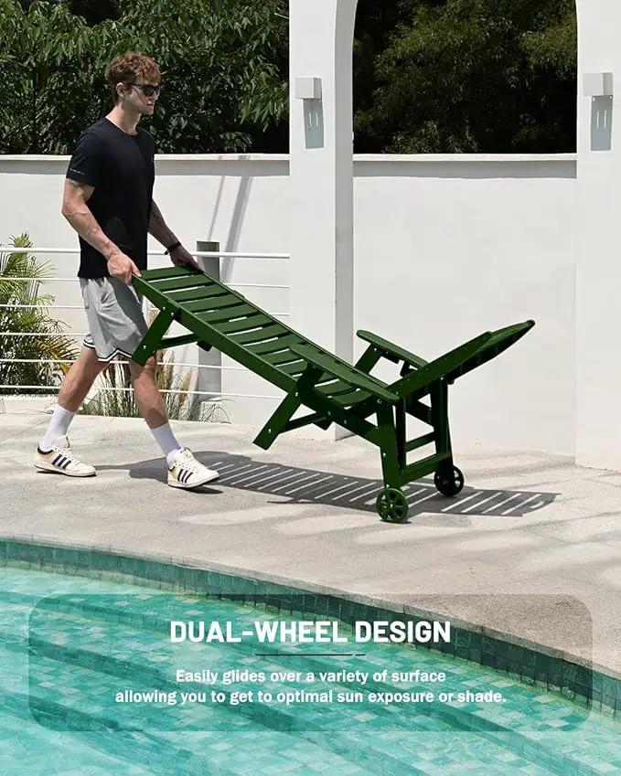Lounge Chair Outdoor Set of 2, 6-Position Adjustable Chaise Lounge Outdoor with Wheels, Lounge Chair with Cup Holder for Pool Poolside Deck Backyard Patio, Green by GreenHaven Gardens