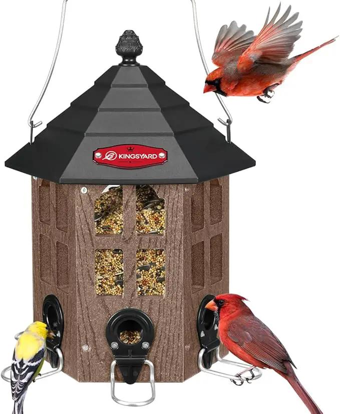 Kingsyard Wild Bird Feeder for Outdoor Hanging, Recycled Plastic Bird Feeders with 6 Ports & U-Shape Perch, Garden Yard Outside Decoration, 3.5 lbs Seed Capacity, Brown by GreenHaven Gardens