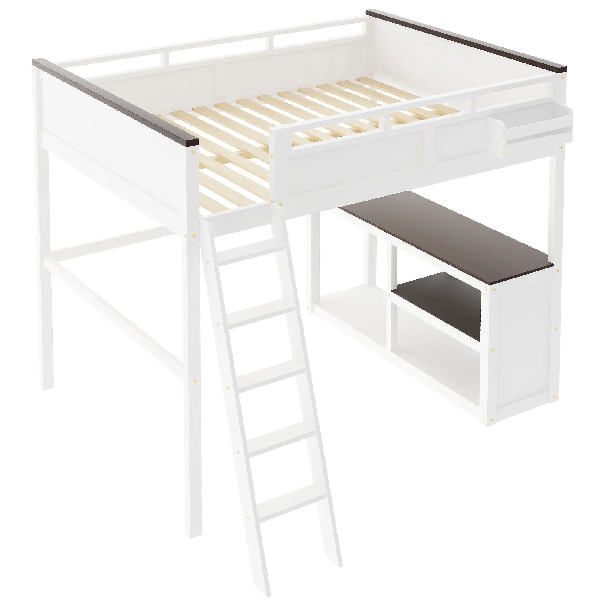 Queen Size Loft Bed With Desk, Open Shelf, Storage Box And USB Charging Station - White by HouseOfZazla