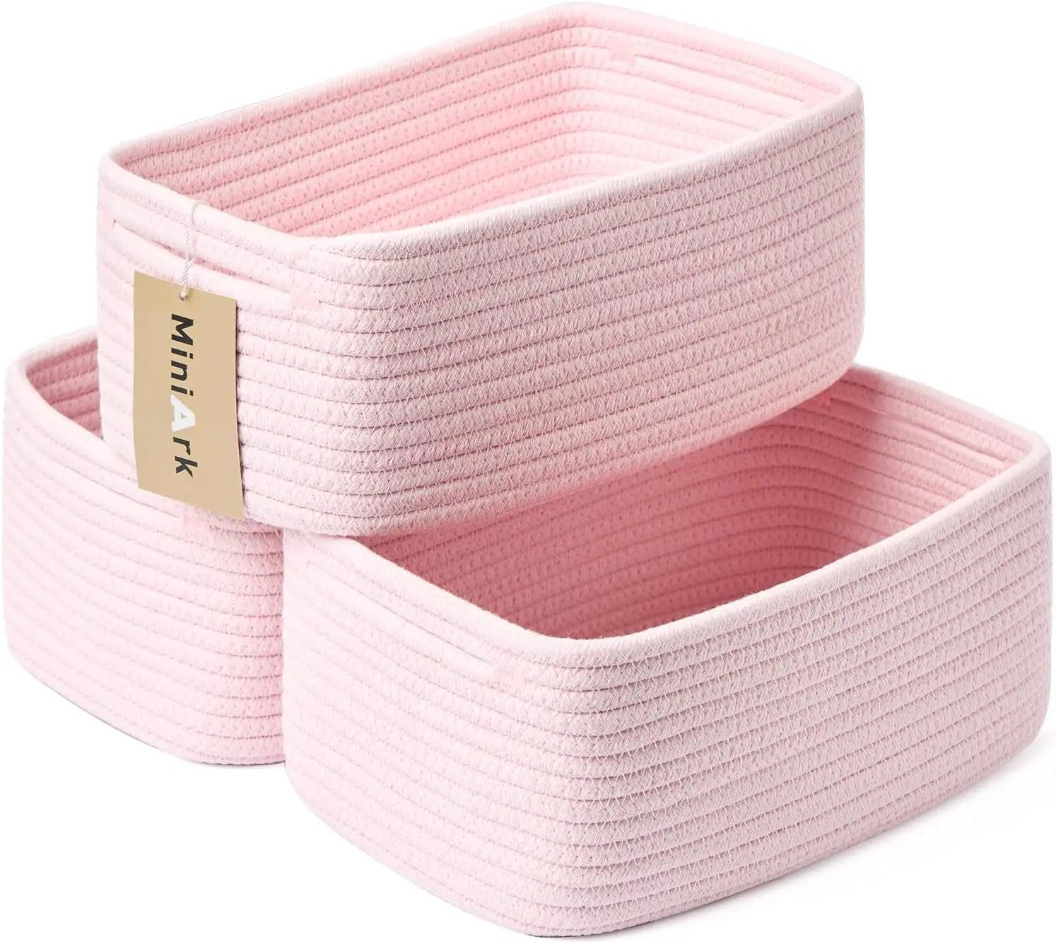Small Storage Baskets for Organizing | Closet Organizer Bins | Shelf Toy Basket | Woven Rope Baskets | Cube Decorative Box | Shallow Basket | 13x8.5x5.1” | 3 Packs Light Pink by GreenHaven Gardens