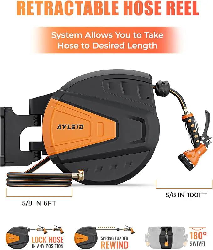 Ayleid Retractable Garden Hose Reel,5/8 in x 100 FT Wall Mounted Hose Reel, with 9- Function Sprayer Nozzle, Any Length Lock/Slow Return System/Wall Mounted/180°Swivel Bracket (Black) by GreenHaven Gardens