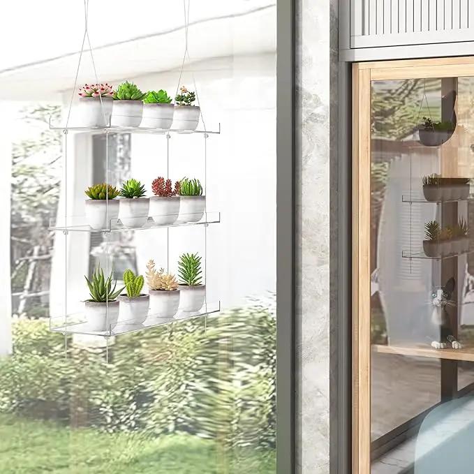 3-Tier Clear Hanging Window Plant Shelves 16In, Height Adjustable Acrylic , Indoor Windows Wall Hanging Plant Stand Flower Display, Flower Pot Organizer Storage for Grow Herbs, Microgreens, Succulents by GreenHaven Gardens
