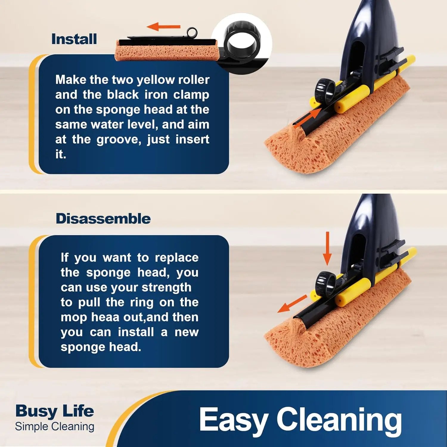 Yocada Sponge Mop Home Commercial Use Tile Floor Bathroom Garage Cleaning Total 3 Sponge Heads Squeegee and Extendable Telescopic Long Handle 42.5 to 52 Inches Easily Dry Wringing Only 3 Heads by GreenHaven Gardens