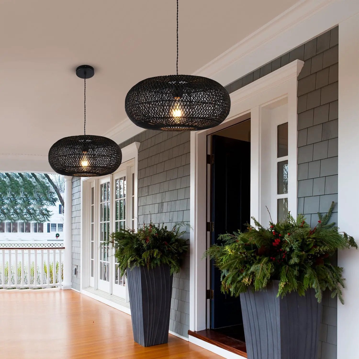 Rattan Pendant Light 15.75" 1-Light Hand-Woven Bamboo Rattan Hanging Lamp Large Globe Wicker Chandelier Modern Bohemian Adjustable Pendant Lamp for Kitchen Island Farmhouse Outdoor Porch Black.… by GreenHaven Gardens