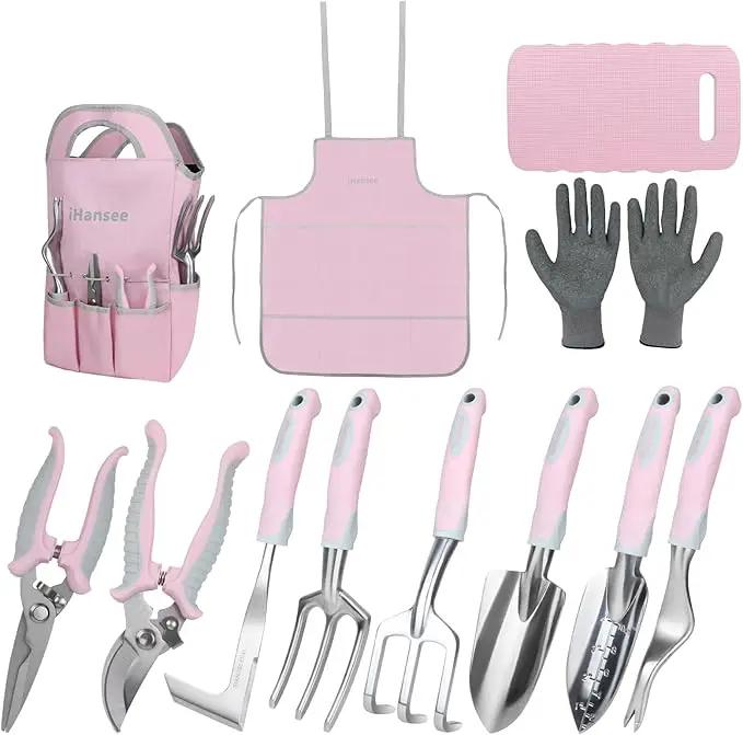 Pink Garden Tool Sets 12 Pieces, iHansee Aluminum Gardening Hand Tools with Non-Slip Handle, Kneeling Pad, Apron, Gloves and Organizer Bag, Landscaping Tools - Gift for Women & Garden Enthusiasts by GreenHaven Gardens