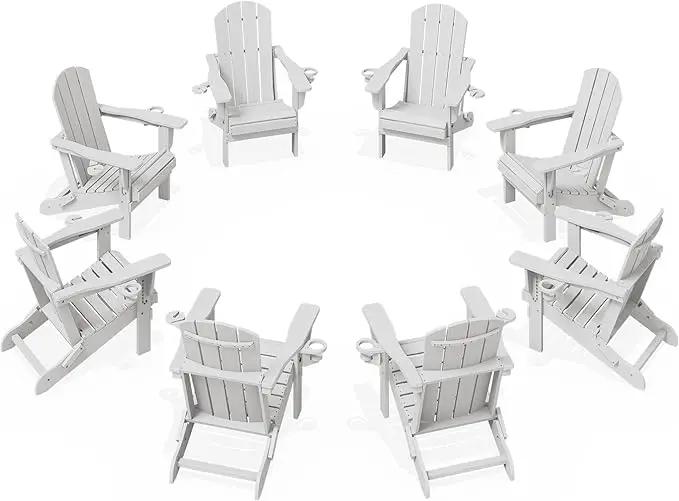 KINGYES Folding Adirondack Chair Set of 8, Dual Cup Holders & All-Weather HDPE, Wood-Like Patio Chair for Backyard, Camping, Pool & Fire Pit, White by GreenHaven Gardens