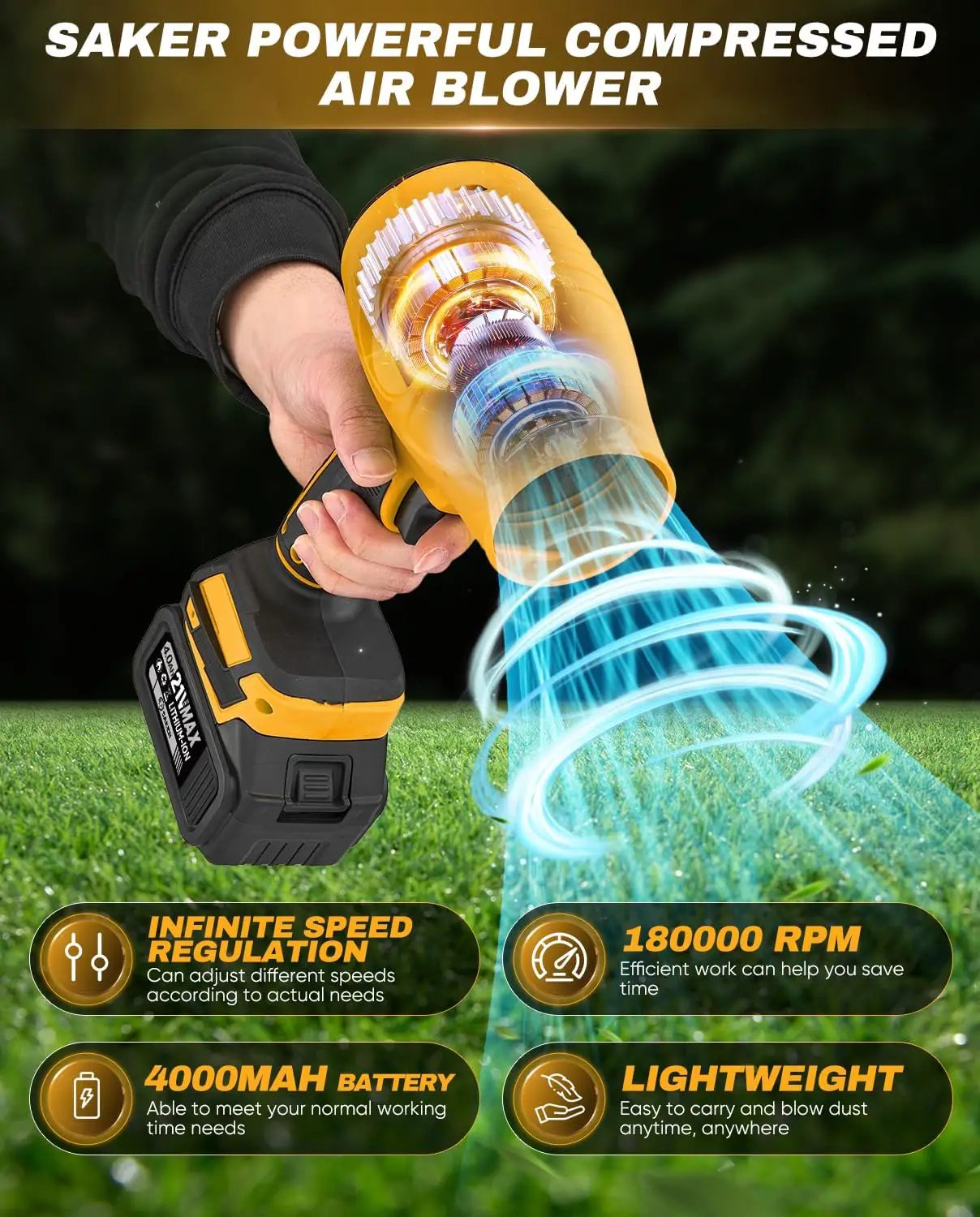 Saker Handheld Cordless Leaf Blower Portable Dust Cleaner 180000 RPM Compressed Air Duster with Adjustable Speed for Drying Patio Cleaning Camping 2 x 4.0Ah Battery Yellow by GreenHaven Gardens