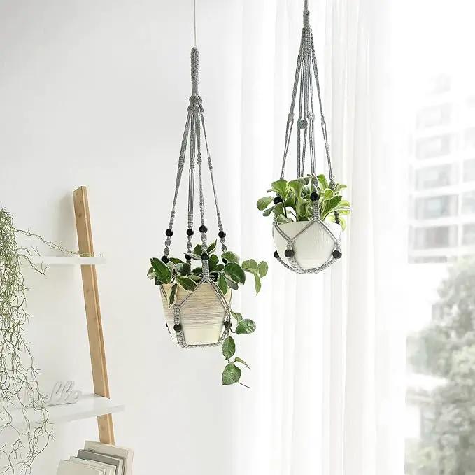 Mkono Macrame Plant Hanger Indoor Hanging Planter Basket with Wood Beads Decorative Flower Pot Holder No Tassels for Indoor Outdoor Boho Home Decor 35 Inch, Grey, Set of 2 (POTS NOT Included) by GreenHaven Gardens