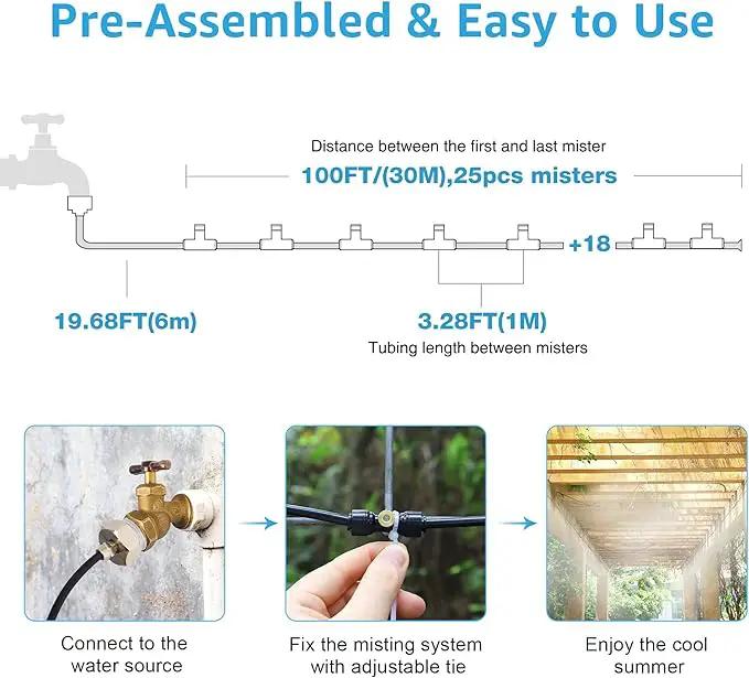 Bonviee Misters for Outside Patio, 100FT Misting Cooling System for Patio, 100FT (30M) Misting Line+28 Mist Nozzles+3/4" Brass Adapter, Pre-Assembled Garden & Greenhouse Watering System by GreenHaven Gardens