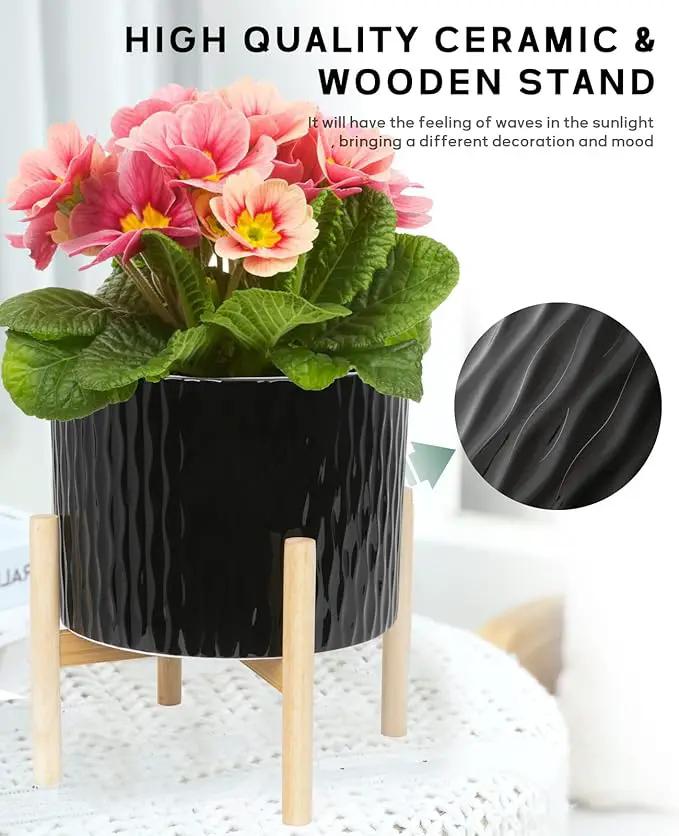 LaDoVita Ceramic Plant Pot with Stand, 10 Inch Planter with Wood Shelf, Modern Round Flower Pots Indoor with Wood Planter Holder, Black Water Ripple Pattern by GreenHaven Gardens