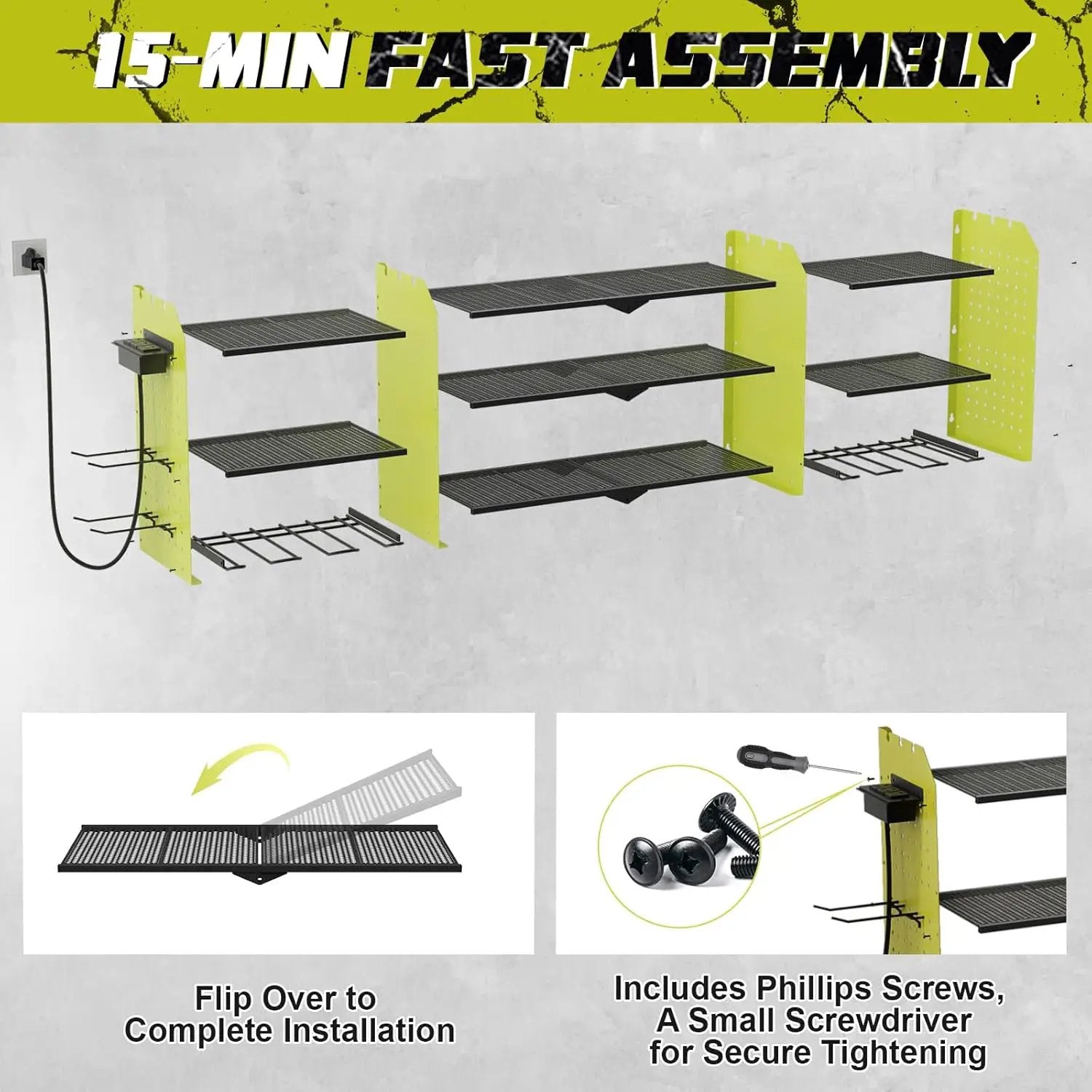 Power Tool Organizer Wall Mount with Charging Station, Expanded Width Tool Organizer for Garage Organization Max. 200lb Load, Heavy Duty Cordless Drill Holder with Outlet Power Strips by GreenHaven Gardens