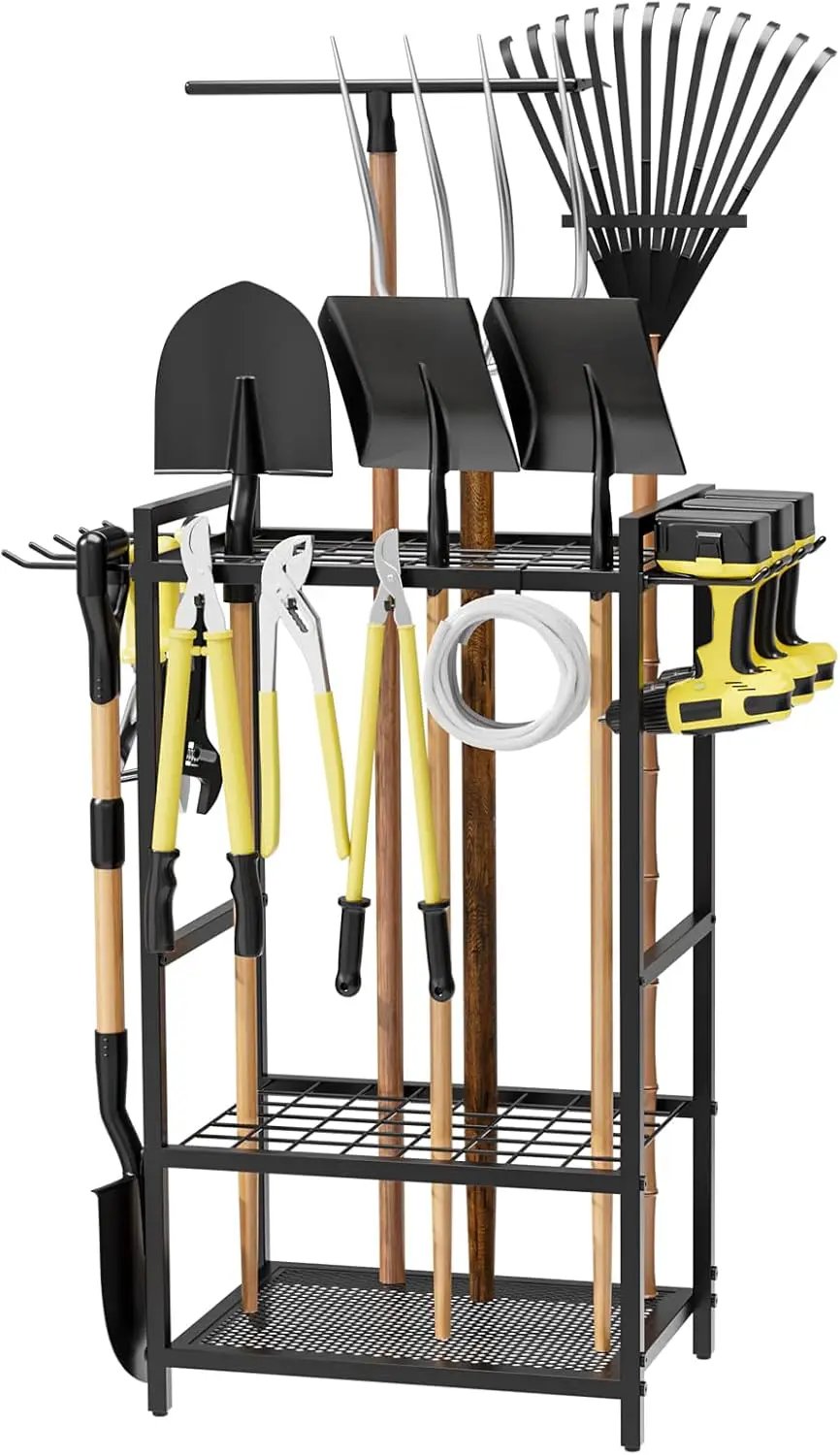 Garden Garage Tool Organizer - Yard Tool Organizer for Garage with 4 Hooks, Heavy duty Steel Garden Tool Rack Holds up to 48 Long Handled Yard tools for Storage by GreenHaven Gardens