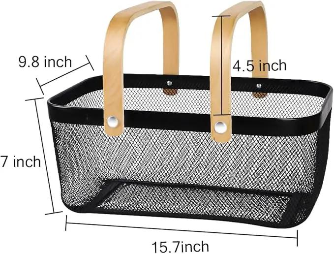 Portable Mesh Harvest Basket - Natural Bamboo Handle Foldable Organizer for Kitchen, Garden & Picnic | Ventilated Storage Bin with Rust-Proof Wire, Space-Saving Farmhouse Decor (Black) by GreenHaven Gardens