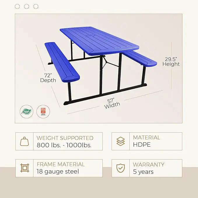 OEF Furnishings Heavy Duty Blow Molded Folding Picnic Table - Blue, Black Fram by GreenHaven Gardens