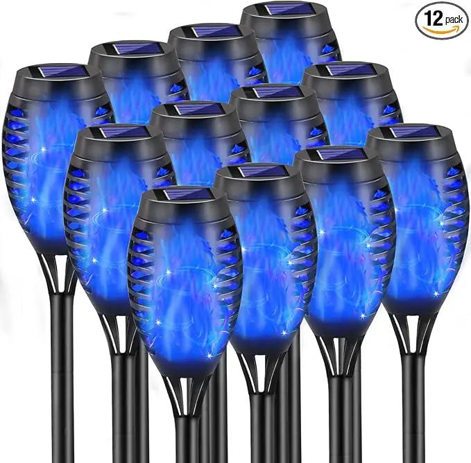 Outdoor Solar Lights Blue, 12 Pack Solar Torch Lights with Flickering Flame Waterproof Mini Tiki Torches for Landscape Garden Pathway Dusk to Dawn Auto On/Off by GreenHaven Gardens