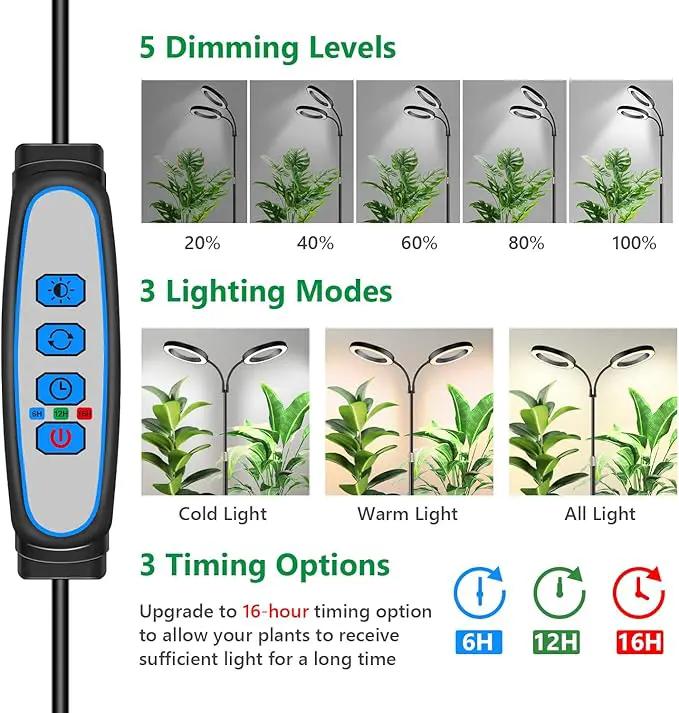 Large Plant Light for Indoor Plants, 2 Head Full Spectrum Grow Light with 68" Adjustable Stand for Growing Large Tall Plants, Black Halo Floor LED Grow Lamp with 16 Hour Timer by GreenHaven Gardens